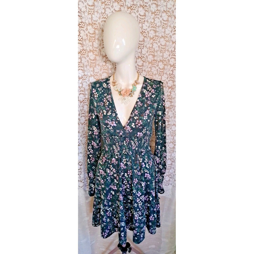 Love Squared Dress M Green Floral Bishop Sleeves Smocked Waist V-neck Tiered Y2K